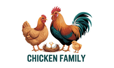 Chicken Family Cute Rooster, Hen, and Chick Vector Illustration, easily editable and scalable.