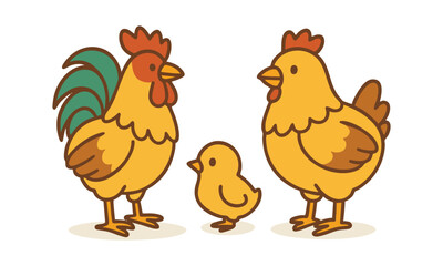 Chicken Family Cute Rooster, Hen, and Chick Vector Illustration, easily editable and scalable.