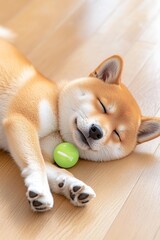 Shiba Inu Sleeping with Toy Ball on Wooden Floor
