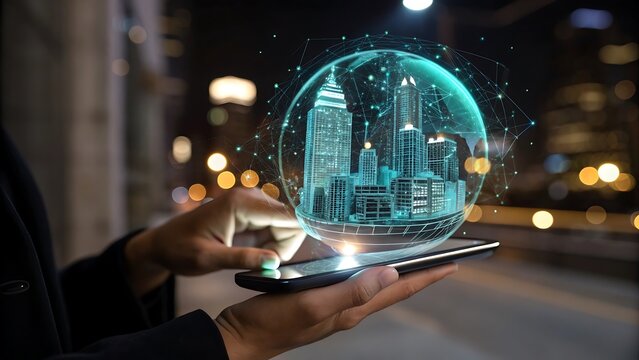 A businesswoman holds a digital tablet, symbolizing global communication and a network of business connections - Powered by Adobe