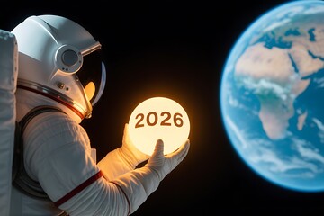 Astronaut holding glowing orb with 2026 over Earth, symbolizing space exploration goals and visionary future plans for lunar missions or new space age initiatives