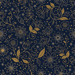Intricate golden floral pattern with detailed flowers and leaves on a dark blue background, patern seamless, Stock royalty.