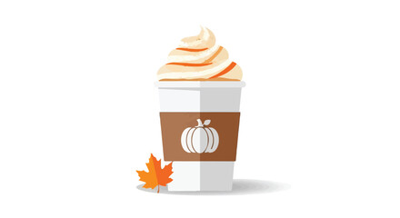 Charming flat design illustration of a popular autumn beverage in a disposable cup, featuring a creamy whipped topping, a sweet pumpkin motif, and a vibrant fall leaf