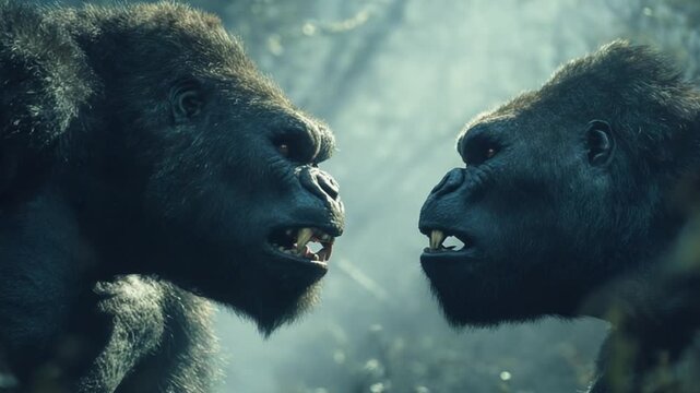 Two majestic gorillas face each other in a misty jungle, showcasing their strength and dominance