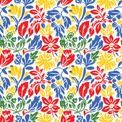 Vibrant floral pattern featuring red, blue, yellow and green flowers and leaves, patern seamless, Stock royalty.