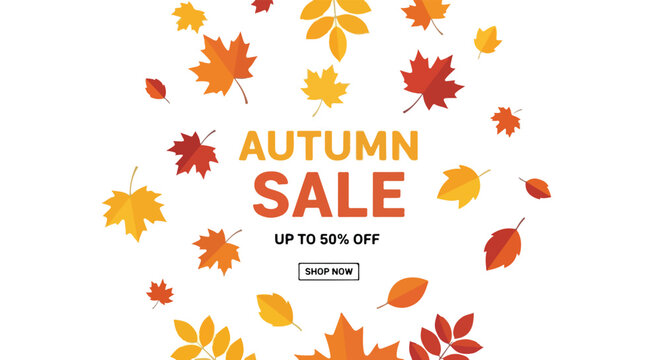 Vector illustration of an autumn sale banner with colorful maple leaves forming a circular frame for promotional text