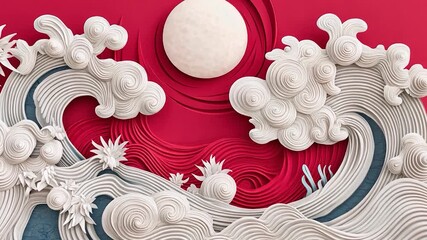 Abstract paper art of stylized waves and clouds, with a central sun/moon, on a red background - Powered by Adobe