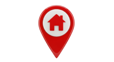 Glossy red location pin with house