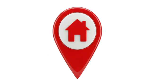 Glossy red location pin with house