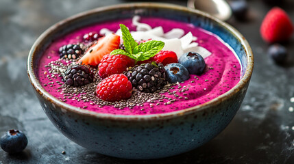 Vibrant Dragon Fruit Smoothie Bowl with Fresh Berries and Coconut Toppings