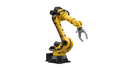 Industrial robotic arm poised on black backdrop