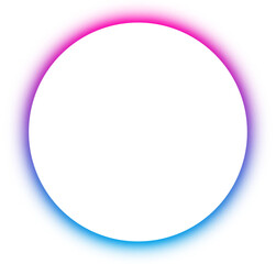 Neon circle ring glowing in blue and purple light with white background. Frame and border element