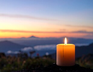A single candle glows brightly against a serene mountain sunrise, casting a peaceful ambiance.