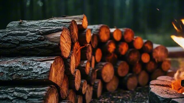 Carefully stacked natural wood logs in a serene outdoor setting, ready for a warming fire, embodying rustic charm, sustainable forestry, and a cozy ambiance