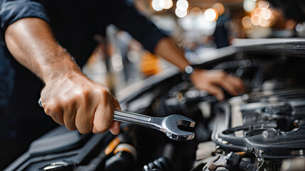 Car repair wrench mechanic hand engine workshop automobile maintenance tool vehicle close up metal fixing service industrial