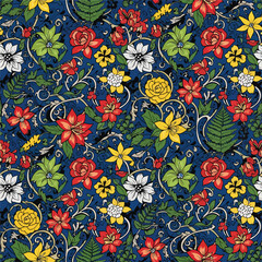 Intricate floral seamless pattern featuring roses, lilies, and stylized leaves on blue background, seamless pattern, Stock royalty.