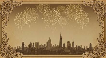 City skyline with fireworks above in vintage style  