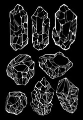 Hand drawn black and white line art crystals illustration with rough geometric facets and bold outlines, abstract mineral design for print, textile, wallpaper or decorative projects.