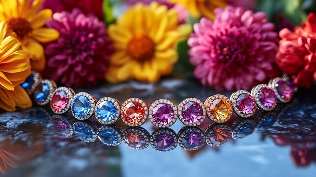 Bold statement necklace with colorful gemstones displayed on a marble tabletop with vibrant flowers nearby showcasing a striking piece for fashionable occasions