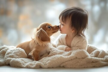 Plakat Child and Miniature Dachshund Cuddling Indoors on Cozy Floor 