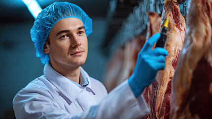 Meat inspector in protective clothing examining hanging beef carcass in cold storage with focused expression