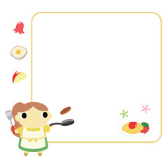 料理をするエプロン姿の女性　フレーム＋装飾付