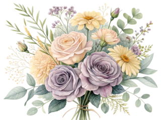Lavender roses peach carnations yellow daisies eucalyptus leaves isolated on a transparent background