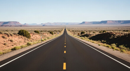Long straight road through a vast desert, vanishing into the horizon under a clear sky, symbolizing freedom, travel, and the journey ahead.