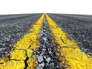  Realistic asphalt road with clean double yellow lines isolated on white background