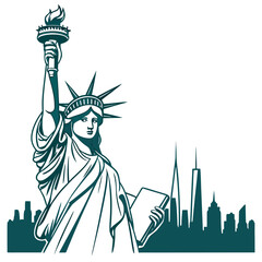 Vector art of statue of liberty and new york city skyline illustration, showcasing the iconic landmarks in a minimalist line art style with a touch of modern design