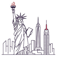 Vector art of statue of liberty and new york city skyline illustration, showcasing the iconic landmarks in a minimalist line art style with a touch of modern design