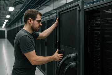 An engineer inspects and seals a liquid-cooled server rack, optimizing thermal performance for efficient data center operation.