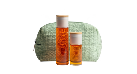 Orange oil bottles rest before a bag