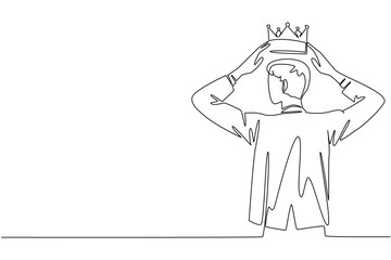 Single one line drawing a man in a suit puts a crown on his head. Pride that will become a beautiful history. A true winner. Success. Reward Yourself Day. Continuous line design graphic illustration
