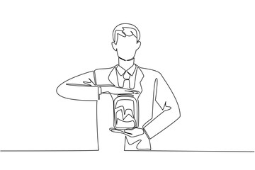 Single continuous line drawing a man in a suit and tie holds a large jar filled with dollar bills. A lot has been collected. Donate a Wages of Day To Charity Day. One line design vector illustration
