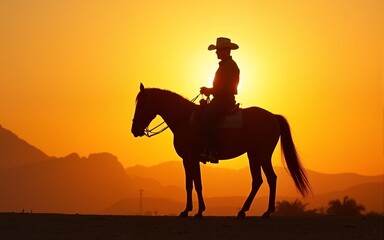 Silhouette of Cowboy Riding Horse at Sunset in a Dusty Desert. High quality