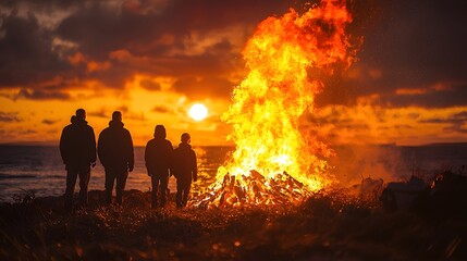 Fototapeta premium Silhouetted figures gather around a large bonfire on a beach at sunset
