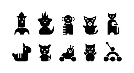 Fototapeta premium A diverse collection of minimalist black silhouette characters and abstract creature icons, featuring a variety of playful and imaginative figures in a clean, flat graphic design style