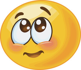 Cute blushing shy emoji with big sparkling eyes, bashful expression, adorable face, emotional smile, sweet feeling, isolated flat vector illustration