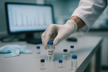Gloved hand holds a vial labeled PFAS test in a laboratory, with data chart on monitor in the background representing chemical analysis.