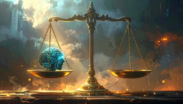 A majestic golden scale balances a stylized brain against an ethereal backdrop, evoking contemplation and the weighing of ideas.