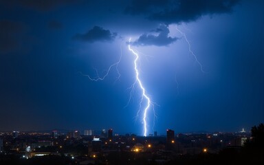 Intense Blue Lightning Storm over Night Cityscape. High quality