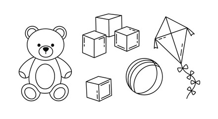 Collection of Simple Line Art Children's Toys Teddy Bear, Cubes, Ball, and Kite Illustration © Crushin