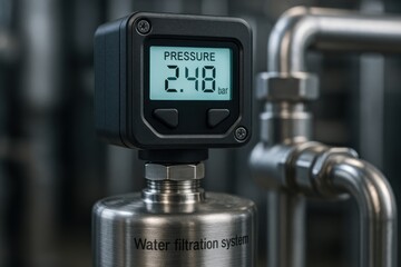 Digital pressure gauge displays 2.48 bar in modern water filtration system with stainless steel pipework and industrial environment.
