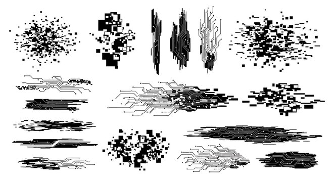 A dynamic collection of monochrome abstract elements depicting digital decay, pixelated noise, and corrupted data streams for futuristic technological concepts