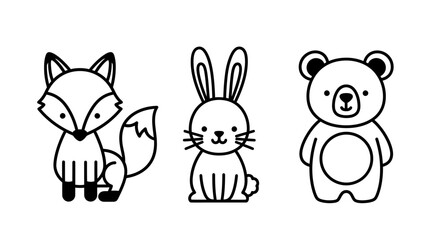 Adorable fox, bunny, and bear character illustrations in a simple black and white design for kids