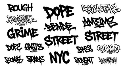 Set of urban graffiti style word art in black and white, featuring dripping spray paint textures and bold lettering for street culture designs