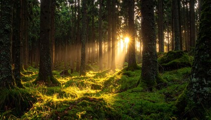 Fototapeta premium Golden sunlight streams through a dense forest, illuminating mossy ground and tall trees.