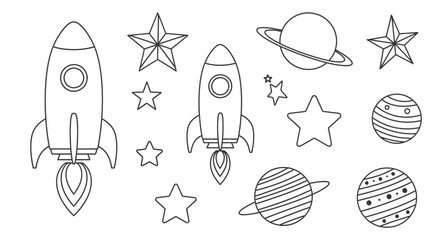 Space Adventure Coloring Page Rockets, Planets, and Stars Outline © Crushin