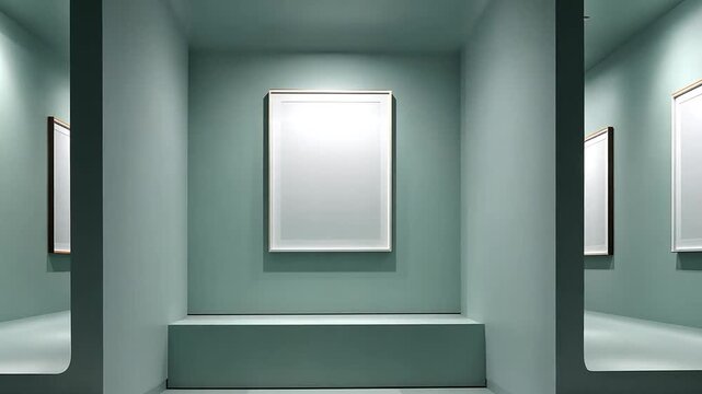 A modern art gallery with blank white canvases on mint green walls, viewed through three large openings, creating a triptych effect with recessed lighting.